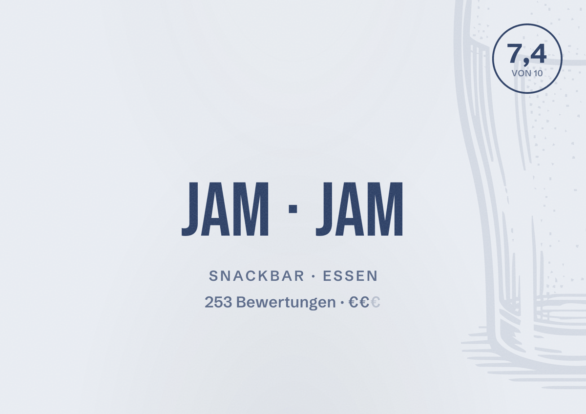 Illustriertes Poster von Jam Jam, Snackbar in Essen: Bewertung 7,4 von 10 aus 253 Bewertungen, Preisniveau €€