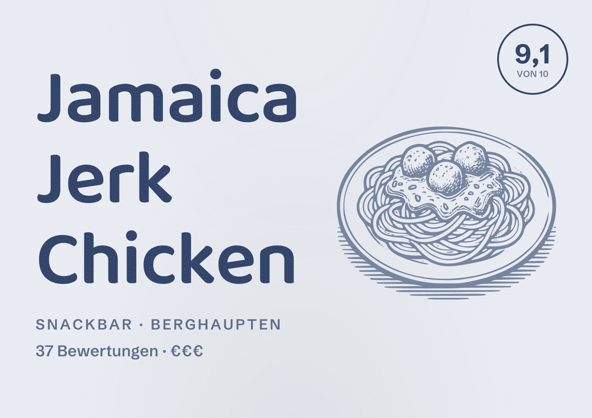 Illustriertes Poster von Jamaica Jerk Chicken, Snackbar in Berghaupten: Bewertung 9,1 von 10 aus 37 Bewertungen, Preisniveau €€€