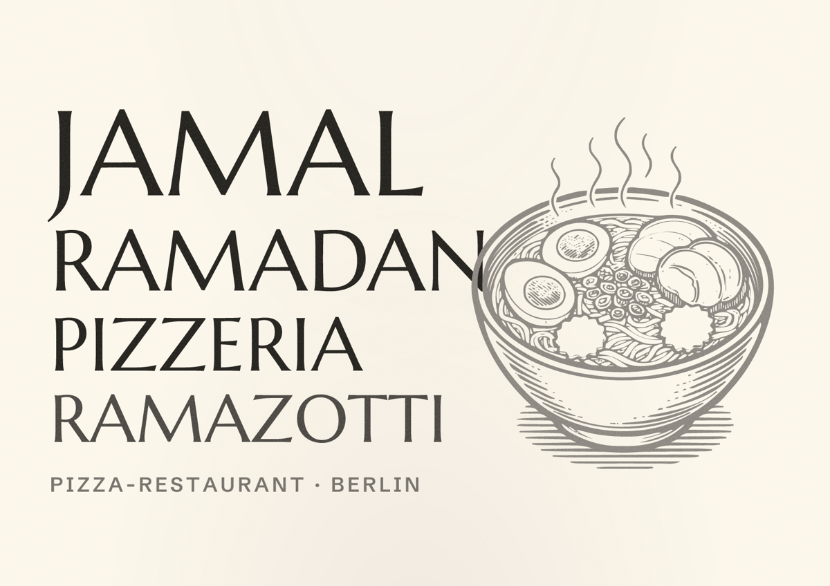 Illustriertes Poster von Jamal Ramadan Pizzeria Ramazotti, Pizza-Restaurant in Berlin