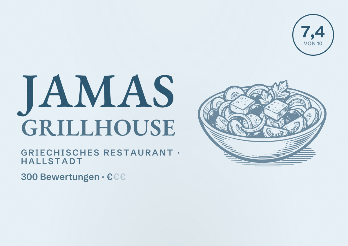 Illustriertes Poster von Jamas Grillhouse, Griechisches Restaurant in Hallstadt: Bewertung 7,4 von 10 aus 300 Bewertungen, Preisniveau €