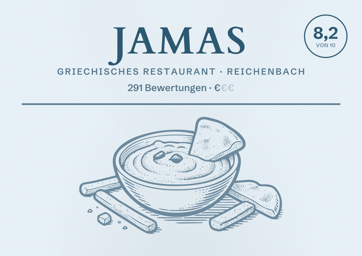 Illustriertes Poster von Jamas, Griechisches Restaurant in Reichenbach: Bewertung 8,2 von 10 aus 291 Bewertungen, Preisniveau €