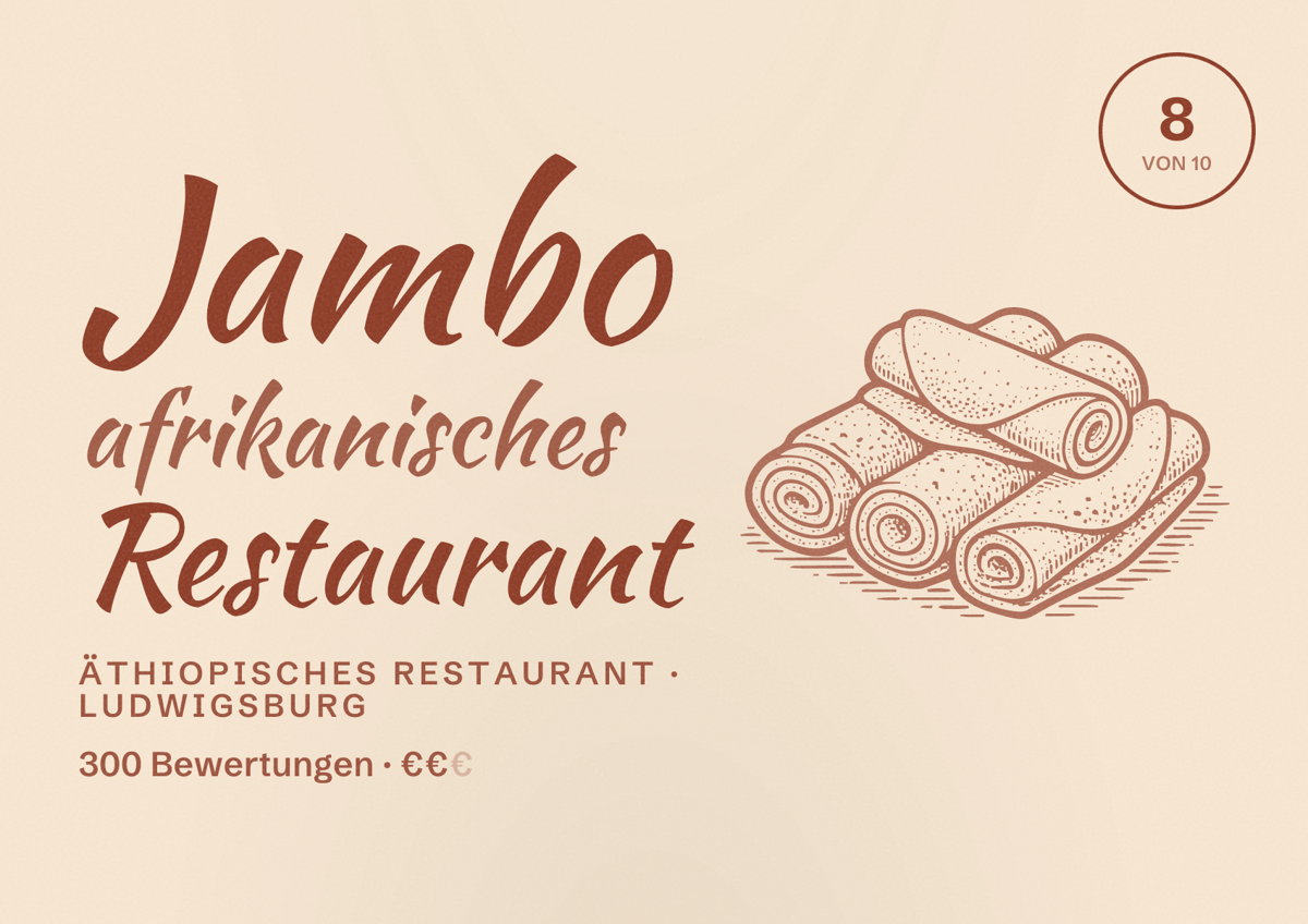 Illustriertes Poster von Jambo afrikanisches Restaurant, Äthiopisches Restaurant in Ludwigsburg: Bewertung 8 von 10 aus 300 Bewertungen, Preisniveau €€