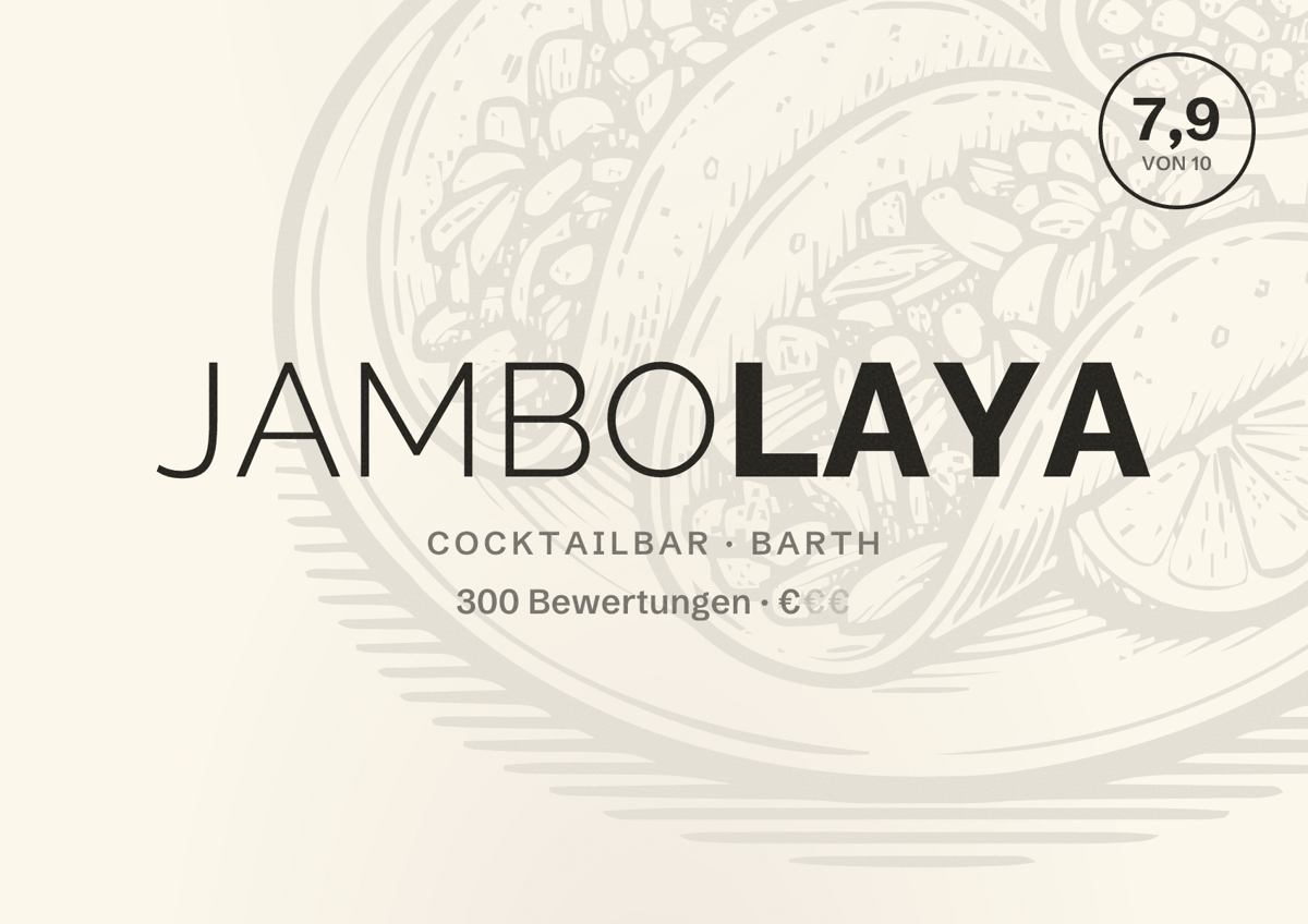 Illustriertes Poster von JAMBOLAYA, Cocktailbar in Barth: Bewertung 7,9 von 10 aus 300 Bewertungen, Preisniveau €