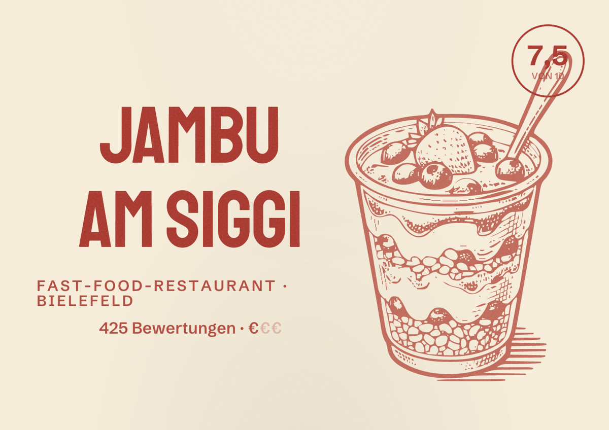 Illustriertes Poster von Jambu am Siggi, Fast-Food-Restaurant in Bielefeld: Bewertung 7,5 von 10 aus 425 Bewertungen, Preisniveau €