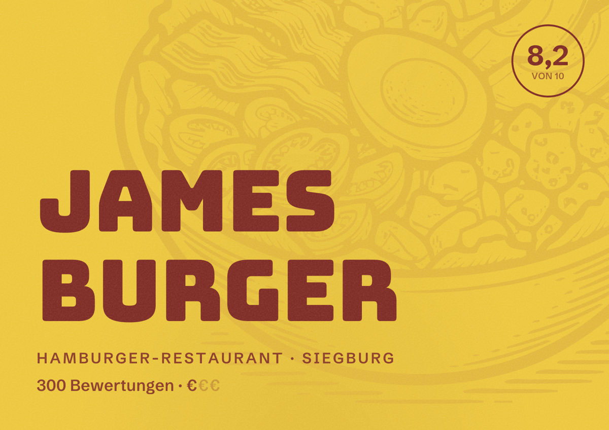 Illustriertes Poster von James Burger, Hamburger-Restaurant in Siegburg: Bewertung 8,2 von 10 aus 300 Bewertungen, Preisniveau €
