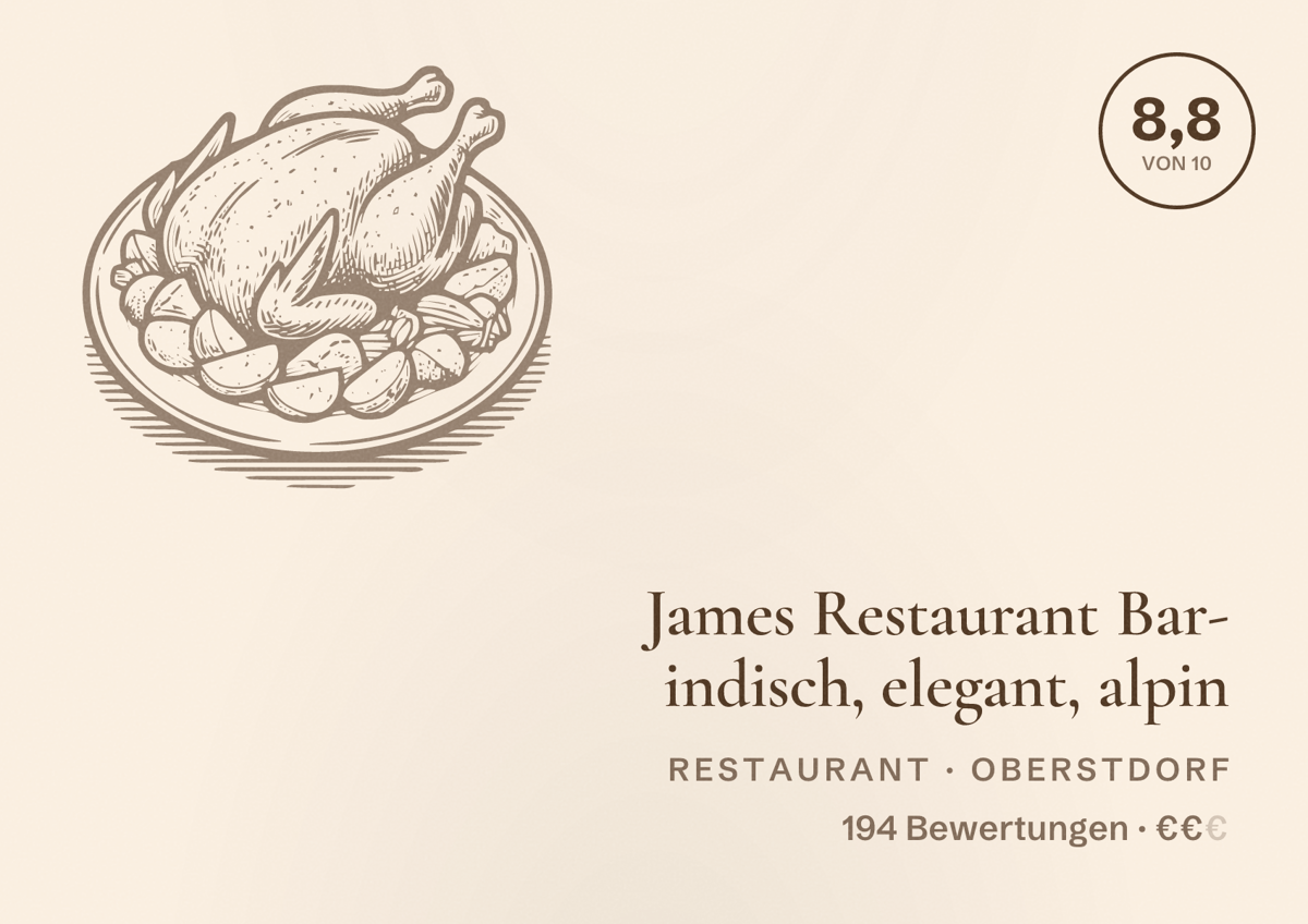 Illustriertes Poster von James Restaurant Bar- indisch, elegant, alpin, Restaurant in Oberstdorf: Bewertung 8,8 von 10 aus 194 Bewertungen, Preisniveau €€