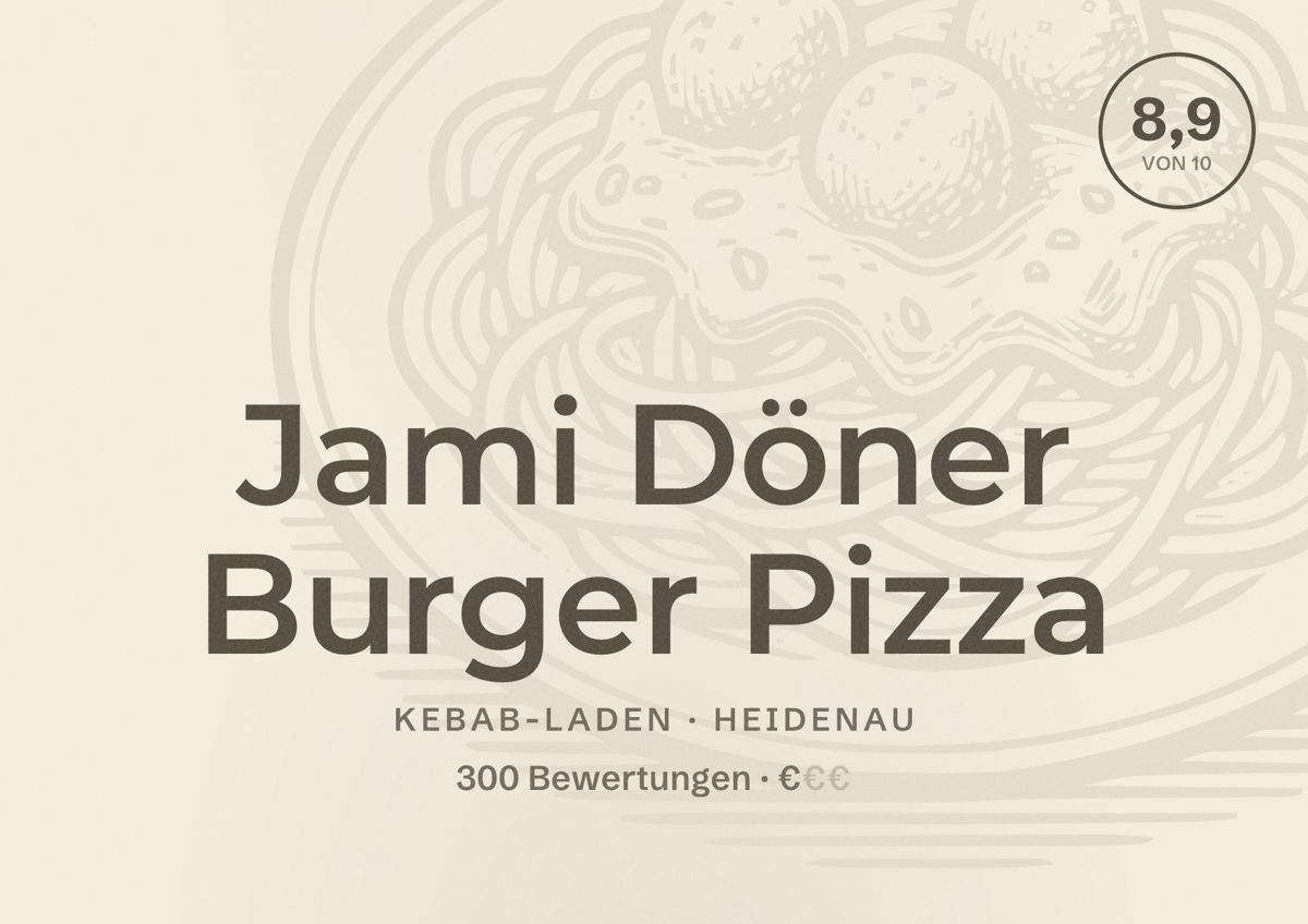 Illustriertes Poster von Jami Döner Burger Pizza, Kebab-Laden in Heidenau: Bewertung 8,9 von 10 aus 300 Bewertungen, Preisniveau €