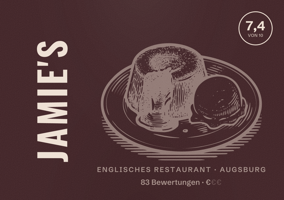 Illustriertes Poster von Jamie's, Englisches Restaurant in Augsburg: Bewertung 7,4 von 10 aus 83 Bewertungen, Preisniveau €