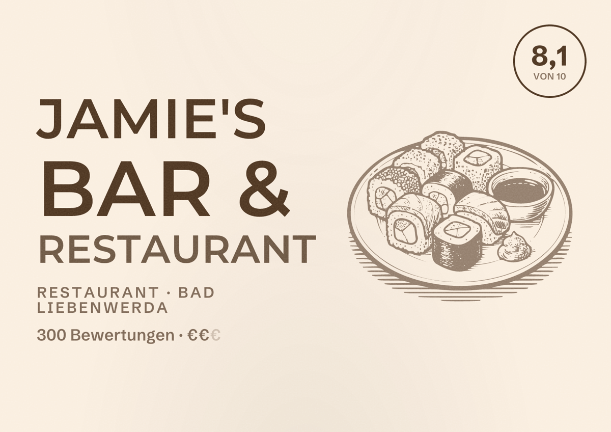 Illustriertes Poster von Jamie's Bar & Restaurant, Restaurant in Bad Liebenwerda: Bewertung 8,1 von 10 aus 300 Bewertungen, Preisniveau €€