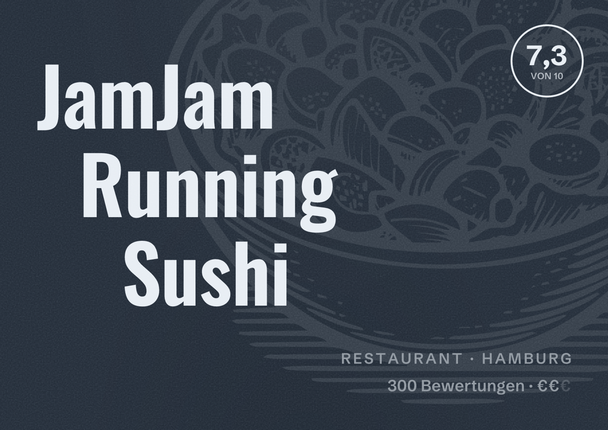 Illustriertes Poster von JamJam Running Sushi, Restaurant in Hamburg: Bewertung 7,3 von 10 aus 300 Bewertungen, Preisniveau €€
