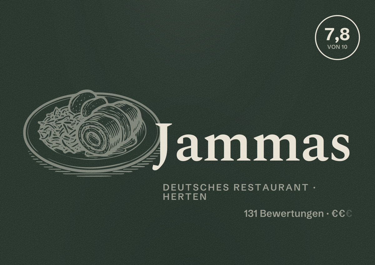 Illustriertes Poster von Jammas, Deutsches Restaurant in Herten: Bewertung 7,8 von 10 aus 131 Bewertungen, Preisniveau €€