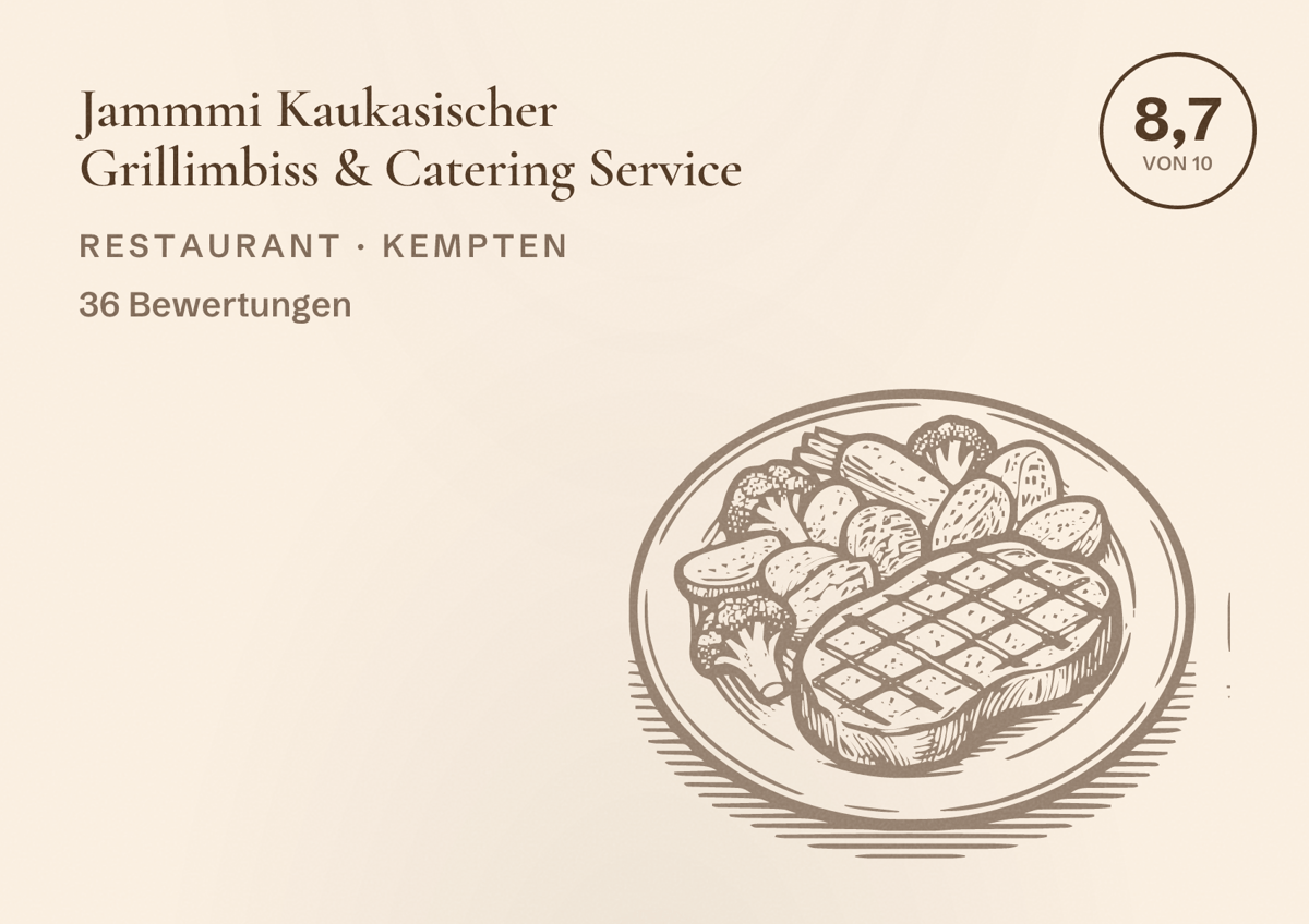 Illustriertes Poster von Jammmi Kaukasischer Grillimbiss & Catering Service, Restaurant in Kempten: Bewertung 8,7 von 10 aus 36 Bewertungen