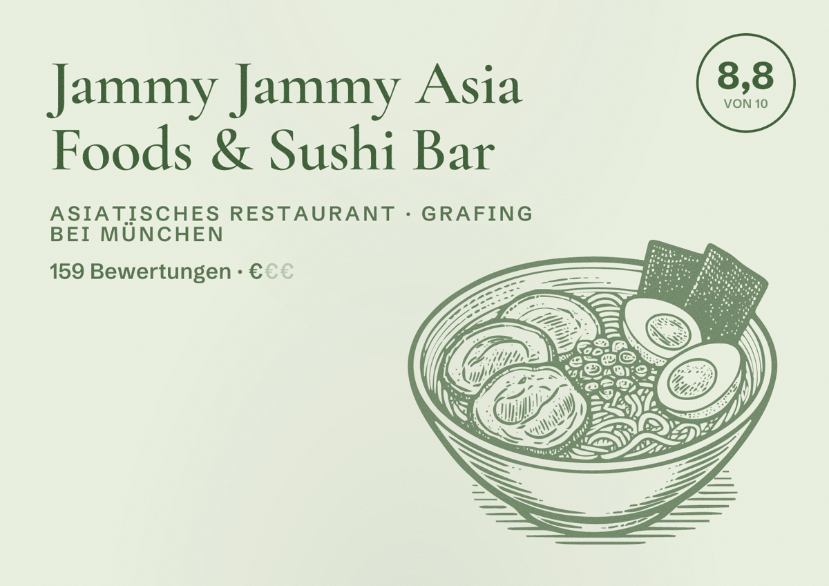 Illustriertes Poster von Jammy Jammy Asia Foods & Sushi Bar, Asiatisches Restaurant in Grafing bei München: Bewertung 8,8 von 10 aus 159 Bewertungen, Preisniveau €