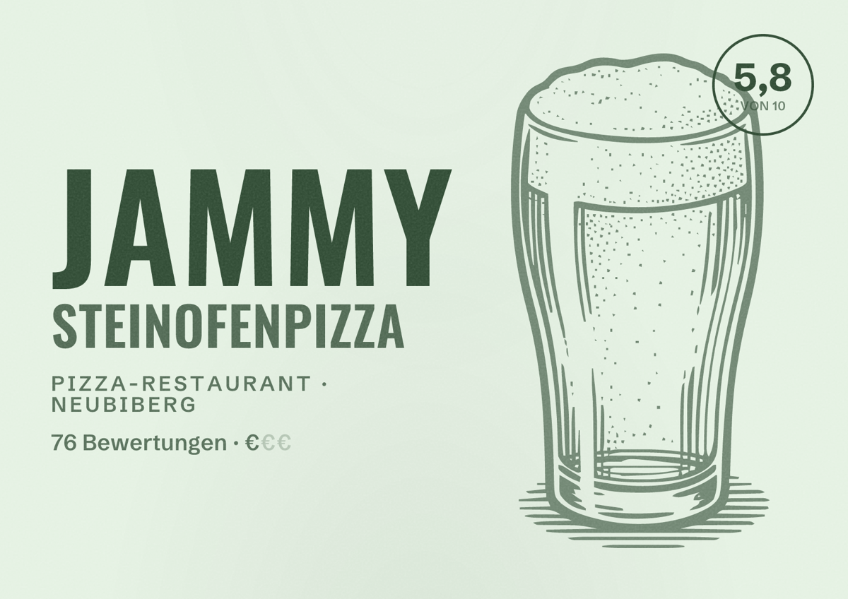 Illustriertes Poster von Jammy Steinofenpizza, Pizza-Restaurant in Neubiberg: Bewertung 5,8 von 10 aus 76 Bewertungen, Preisniveau €