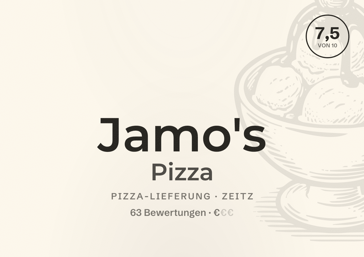 Illustriertes Poster von Jamo's Pizza, Pizza-Lieferung in Zeitz: Bewertung 7,5 von 10 aus 63 Bewertungen, Preisniveau €