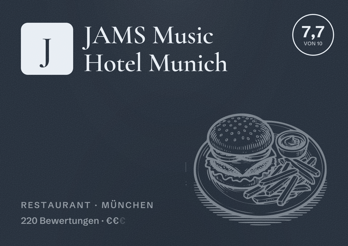 Illustriertes Poster von JAMS Music Hotel Munich, Restaurant in München: Bewertung 7,7 von 10 aus 220 Bewertungen, Preisniveau €€