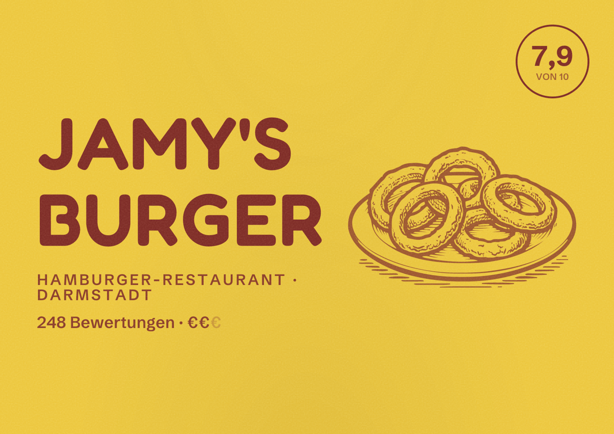 Illustriertes Poster von JAMY'S Burger, Hamburger-Restaurant in Darmstadt: Bewertung 7,9 von 10 aus 248 Bewertungen, Preisniveau €€