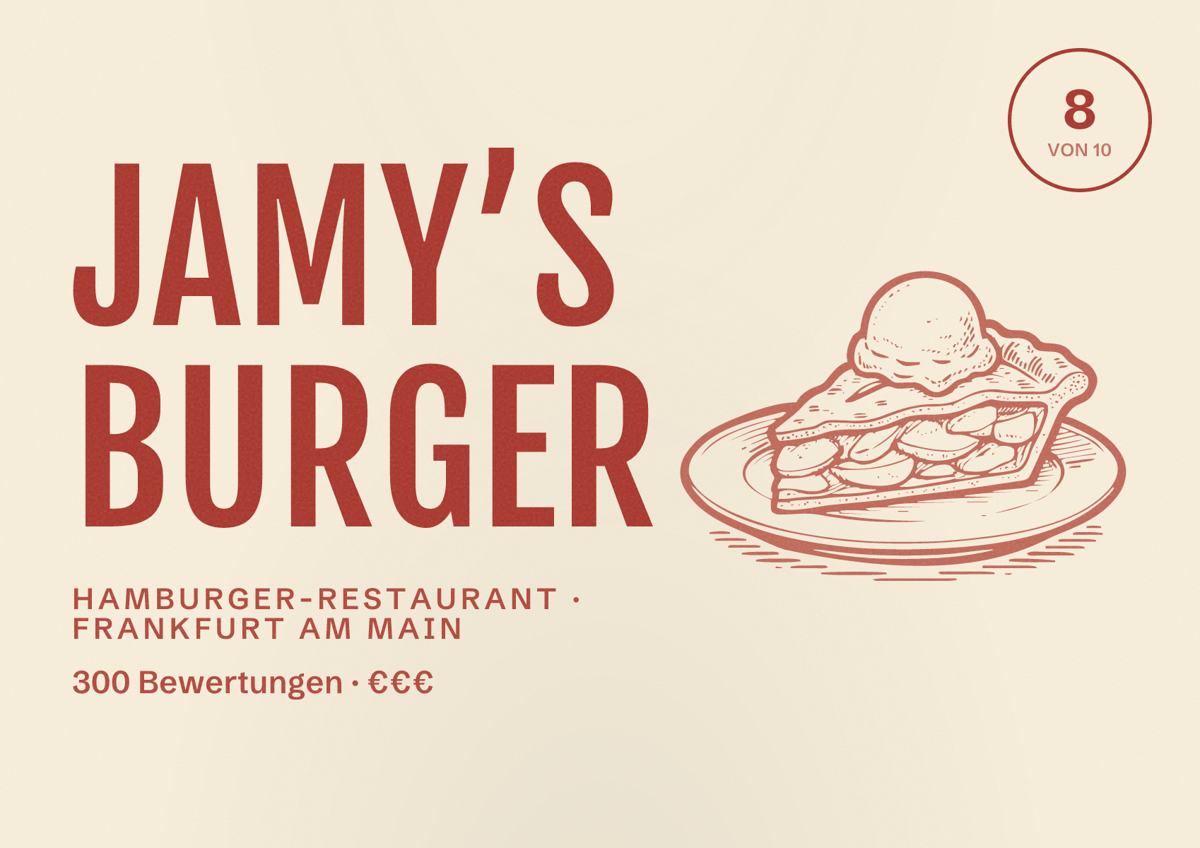 Illustriertes Poster von Jamy’s Burger, Hamburger-Restaurant in Frankfurt am Main: Bewertung 8,0 von 10 aus 300 Bewertungen, Preisniveau €€€