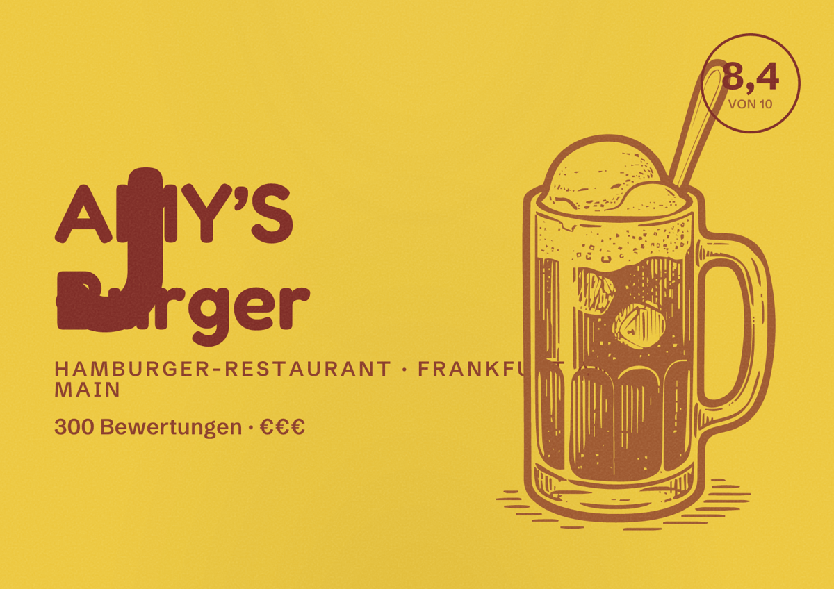 Illustriertes Poster von JAMY’S Burger, Hamburger-Restaurant in Frankfurt am Main: Bewertung 8,4 von 10 aus 300 Bewertungen, Preisniveau €€€