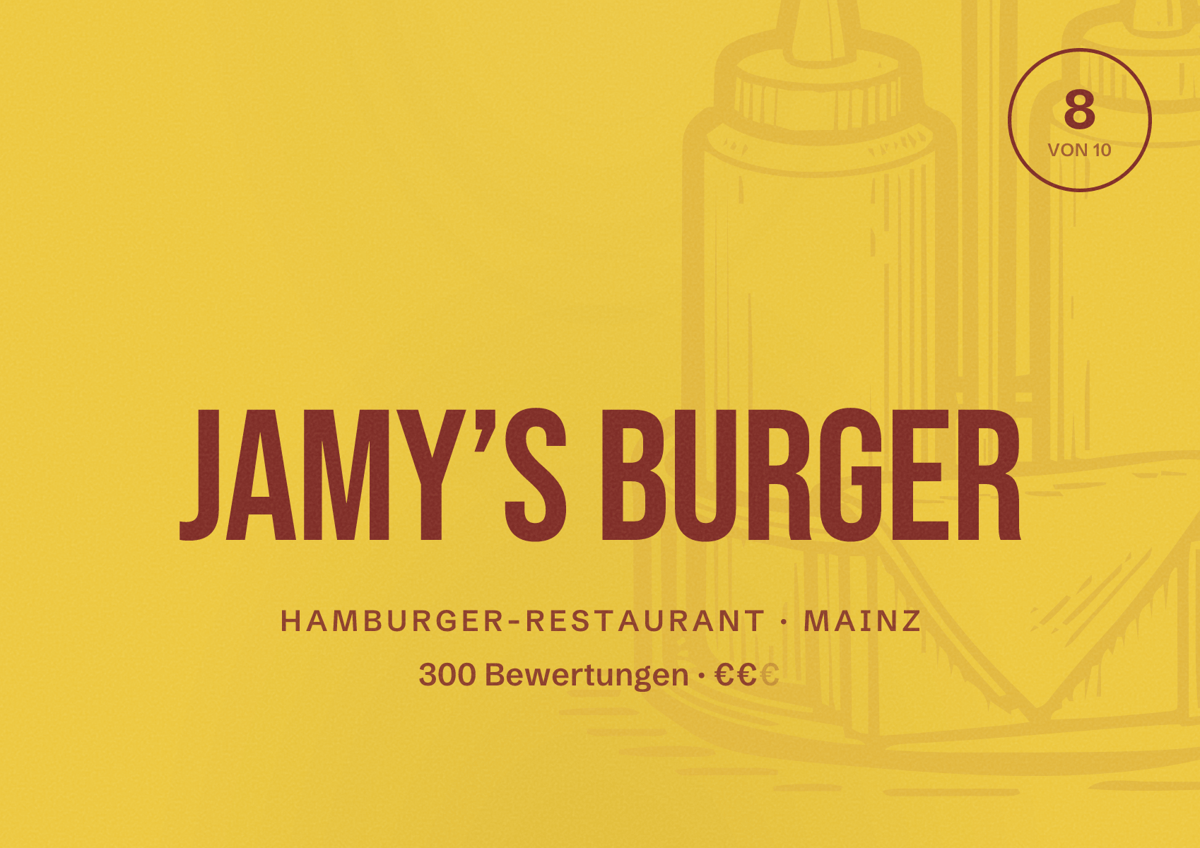 Illustriertes Poster von JAMY’S Burger, Hamburger-Restaurant in Mainz: Bewertung 8 von 10 aus 300 Bewertungen, Preisniveau €€