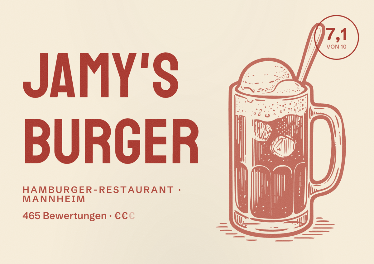 Illustriertes Poster von JAMY'S Burger, Hamburger-Restaurant in Mannheim: Bewertung 7,1 von 10 aus 465 Bewertungen, Preisniveau €€