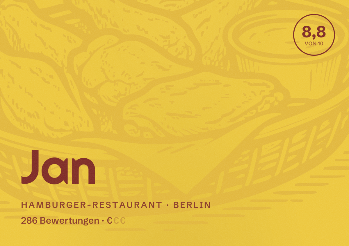 Illustriertes Poster von Jan, Hamburger-Restaurant in Berlin: Bewertung 8,8 von 10 aus 286 Bewertungen, Preisniveau €