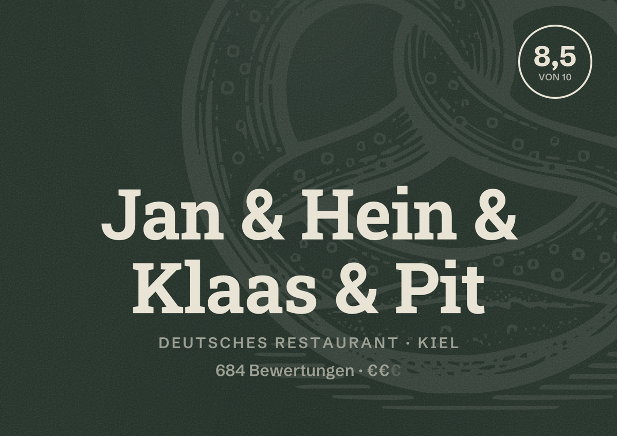 Illustriertes Poster von Jan & Hein & Klaas & Pit, Deutsches Restaurant in Kiel: Bewertung 8,5 von 10 aus 684 Bewertungen, Preisniveau €€