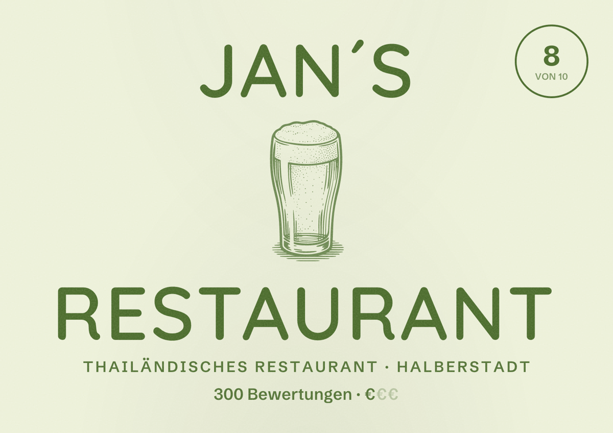 Illustriertes Poster von Jan´s Restaurant, Thailändisches Restaurant in Halberstadt: Bewertung 8 von 10 aus 300 Bewertungen, Preisniveau €