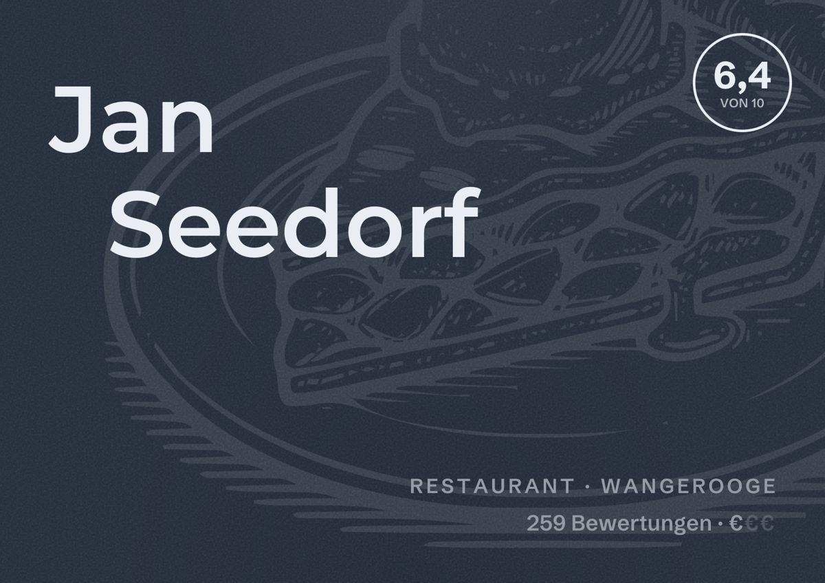 Illustriertes Poster von Jan Seedorf, Restaurant in Wangerooge: Bewertung 6,4 von 10 aus 259 Bewertungen, Preisniveau €