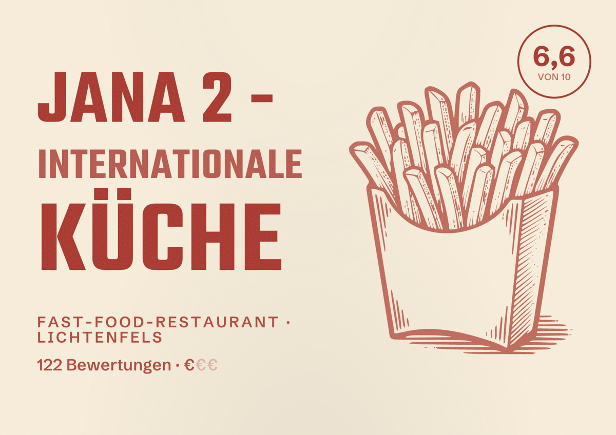 Illustriertes Poster von Jana 2 - Internationale Küche, Fast-Food-Restaurant in Lichtenfels: Bewertung 6,6 von 10 aus 122 Bewertungen, Preisniveau €