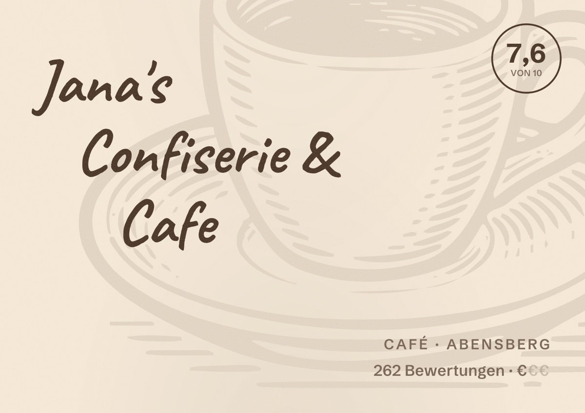 Illustriertes Poster von Jana's Confiserie & Cafe, Café in Abensberg: Bewertung 7,6 von 10 aus 262 Bewertungen, Preisniveau €