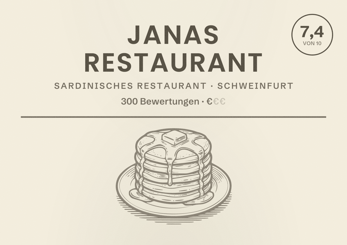 Illustriertes Poster von Janas Restaurant, Sardinisches Restaurant in Schweinfurt: Bewertung 7,4 von 10 aus 300 Bewertungen, Preisniveau €