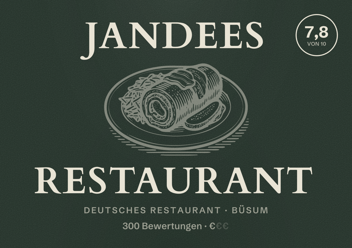 Illustriertes Poster von Jandees Restaurant, Deutsches Restaurant in Büsum: Bewertung 7,8 von 10 aus 300 Bewertungen, Preisniveau €