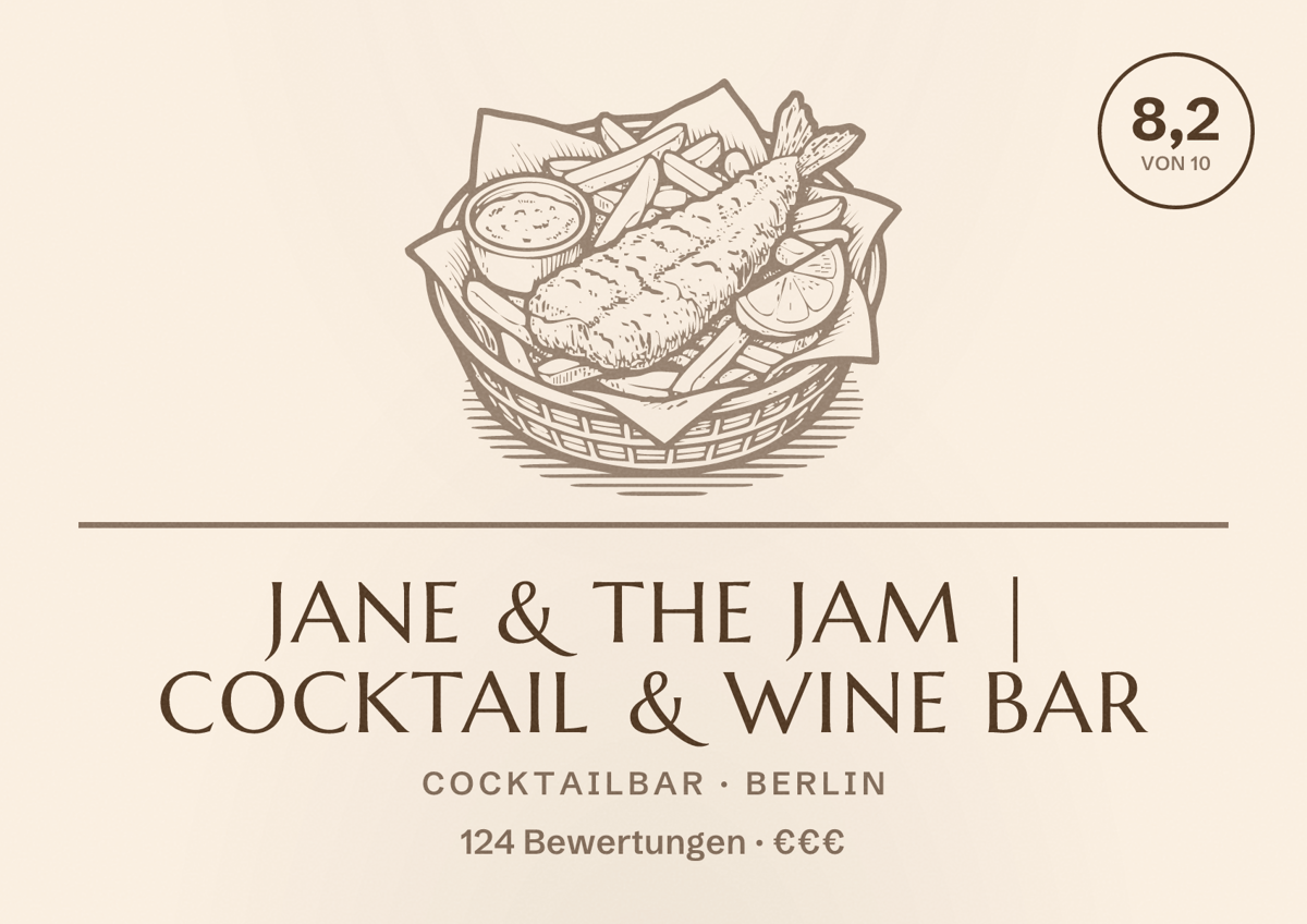 Illustriertes Poster von Jane & the Jam | Cocktail & Wine Bar, Cocktailbar in Berlin: Bewertung 8,2 von 10 aus 124 Bewertungen, Preisniveau €€€