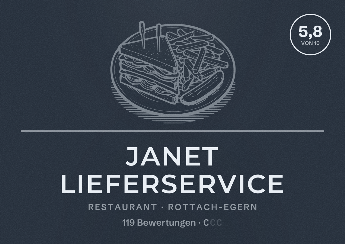 Illustriertes Poster von Janet Lieferservice, Restaurant in Rottach-Egern: Bewertung 5,8 von 10 aus 119 Bewertungen, Preisniveau €