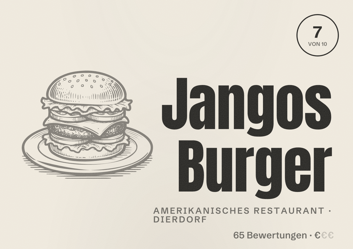 Illustriertes Poster von Jangos Burger, Amerikanisches Restaurant in Dierdorf: Bewertung 7 von 10 aus 65 Bewertungen, Preisniveau €