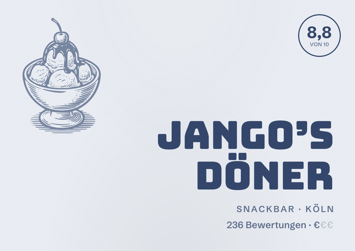 Illustriertes Poster von Jango’s Döner, Snackbar in Köln: Bewertung 8,8 von 10 aus 236 Bewertungen, Preisniveau €