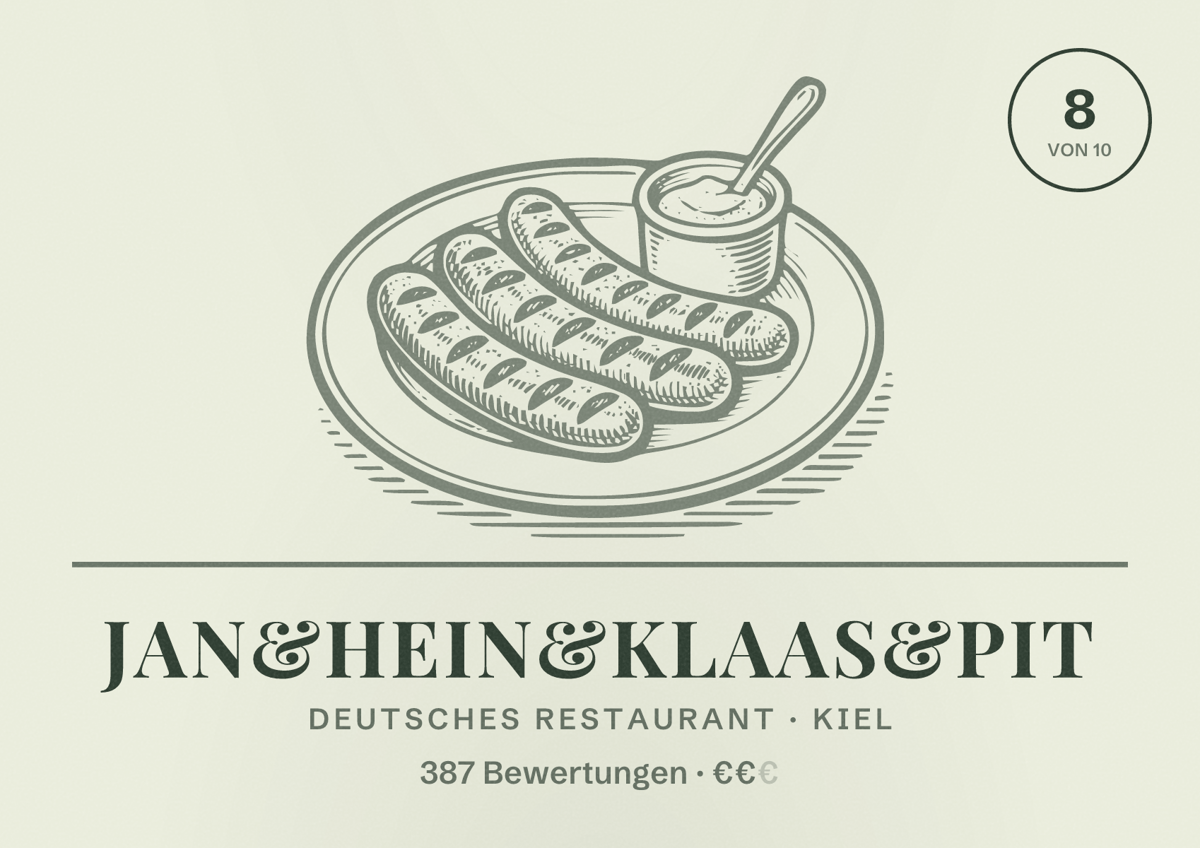 Illustriertes Poster von Jan&Hein&Klaas&Pit, Deutsches Restaurant in Kiel: Bewertung 8,0 von 10 aus 387 Bewertungen, Preisniveau €€