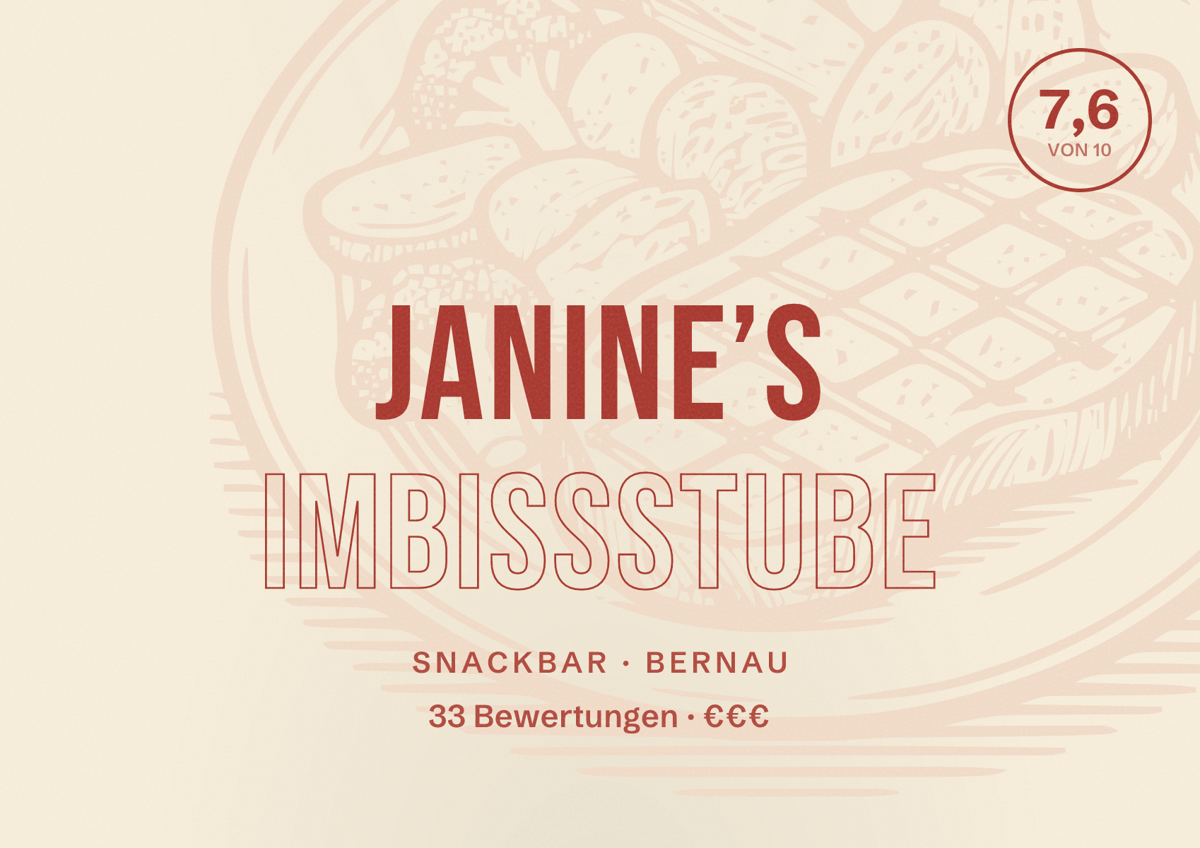 Illustriertes Poster von Janine’s Imbissstube, Snackbar in Bernau: Bewertung 7,6 von 10 aus 33 Bewertungen, Preisniveau €€€