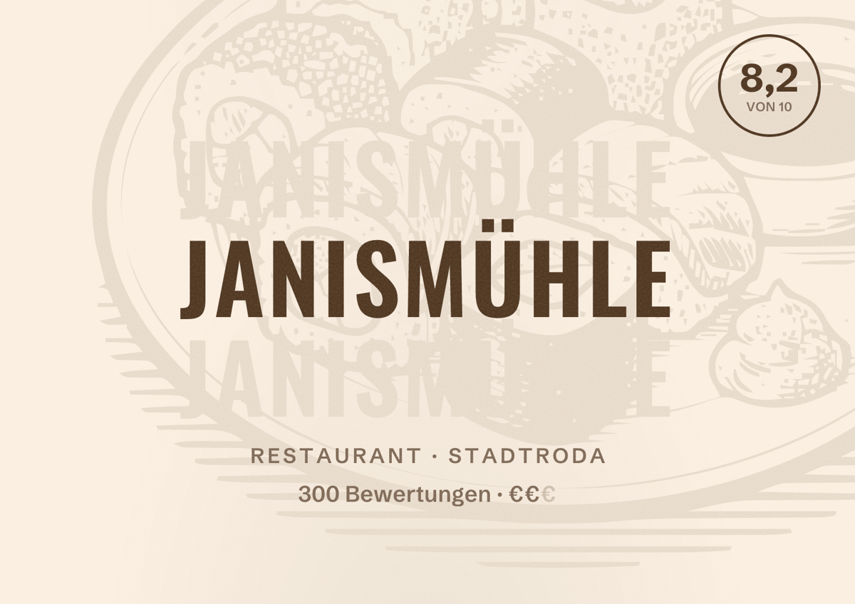 Illustriertes Poster von Janismühle, Restaurant in Stadtroda: Bewertung 8,2 von 10 aus 300 Bewertungen, Preisniveau €€
