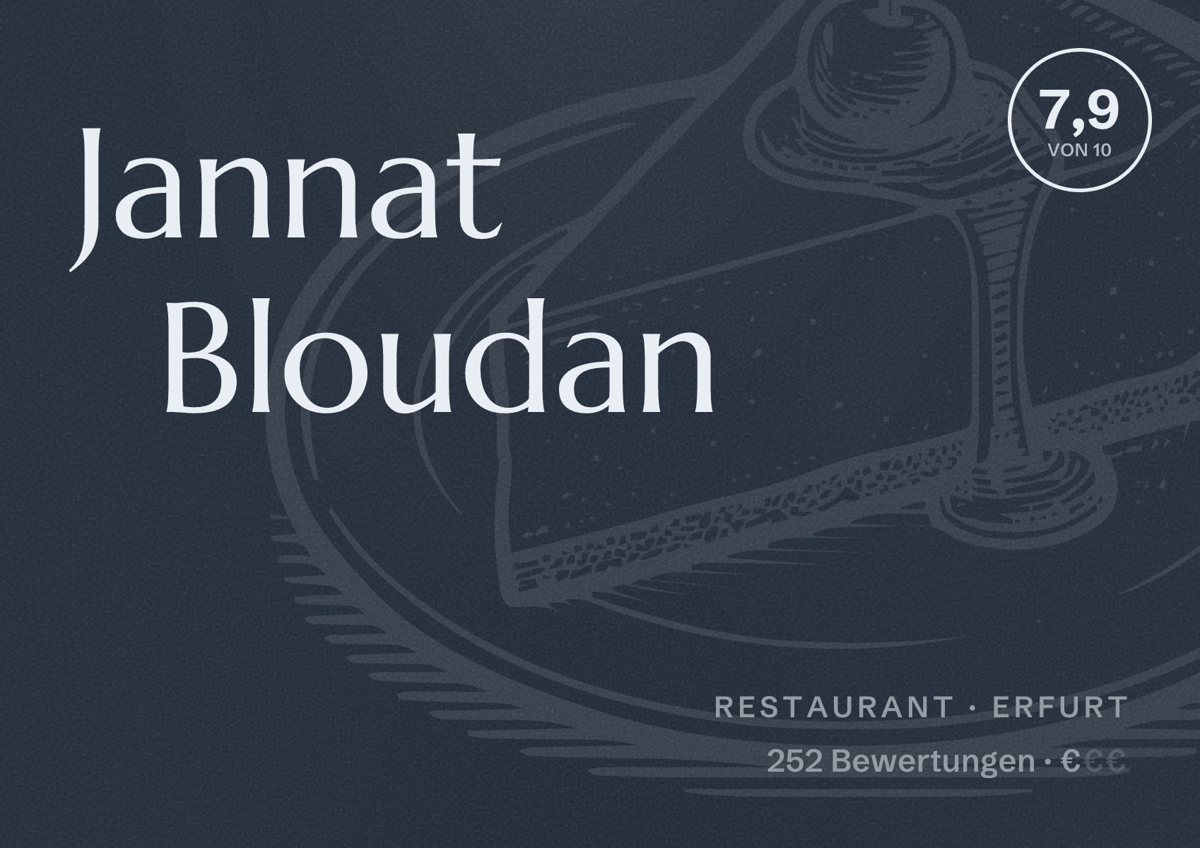 Illustriertes Poster von Jannat Bloudan, Restaurant in Erfurt: Bewertung 7,9 von 10 aus 252 Bewertungen, Preisniveau €