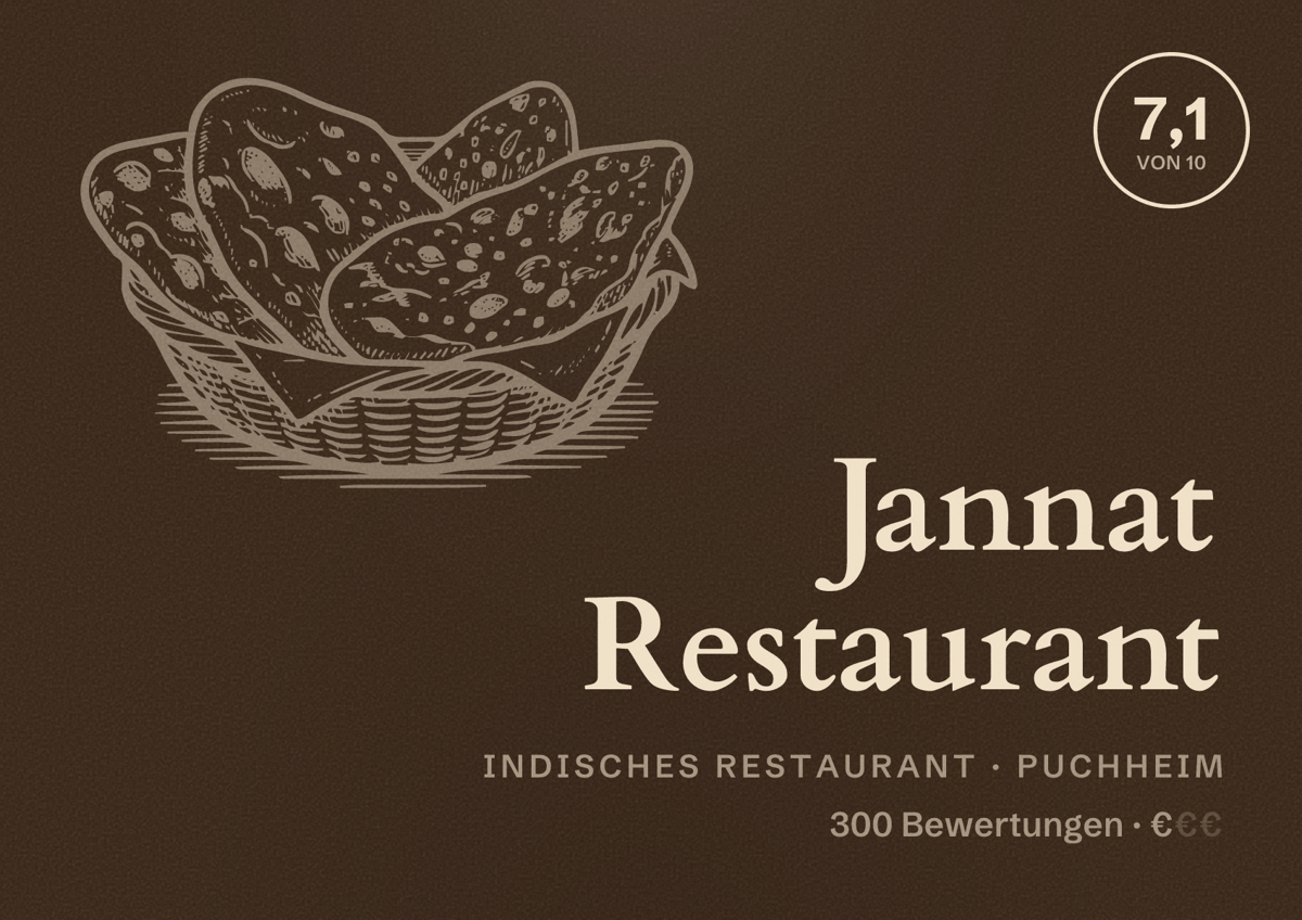 Illustriertes Poster von Jannat Restaurant, Indisches Restaurant in Puchheim: Bewertung 7,1 von 10 aus 300 Bewertungen, Preisniveau €