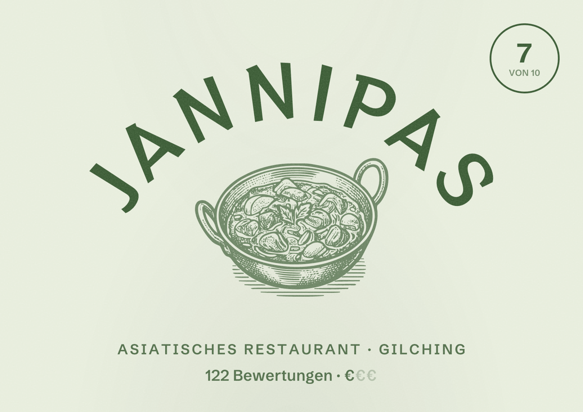 Illustriertes Poster von Jannipas, Asiatisches Restaurant in Gilching: Bewertung 7 von 10 aus 122 Bewertungen, Preisniveau €