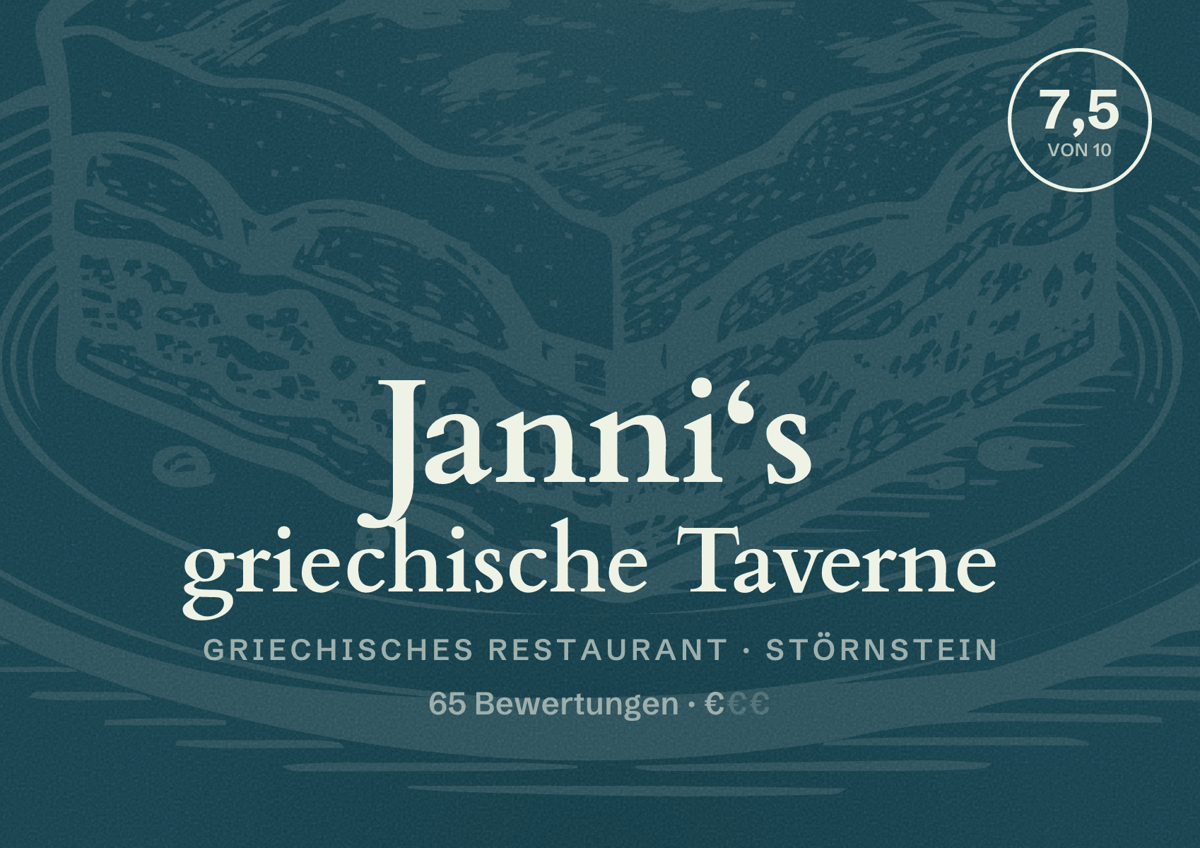 Illustriertes Poster von Janni‘s griechische Taverne, Griechisches Restaurant in Störnstein: Bewertung 7,5 von 10 aus 65 Bewertungen, Preisniveau €