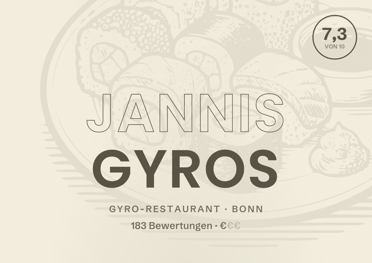 Illustriertes Poster von Jannis Gyros, Gyro-Restaurant in Bonn: Bewertung 7,3 von 10 aus 183 Bewertungen, Preisniveau €