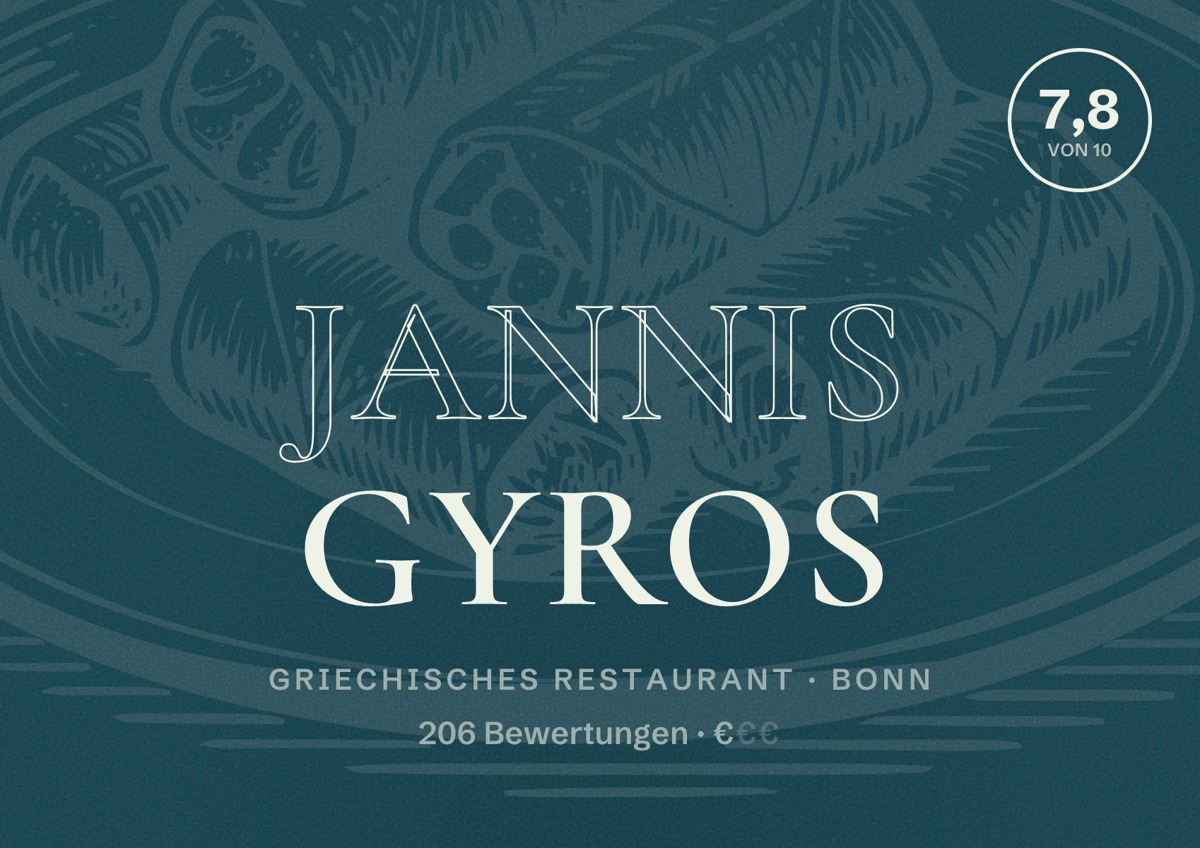 Illustriertes Poster von Jannis Gyros, Griechisches Restaurant in Bonn: Bewertung 7,8 von 10 aus 206 Bewertungen, Preisniveau €