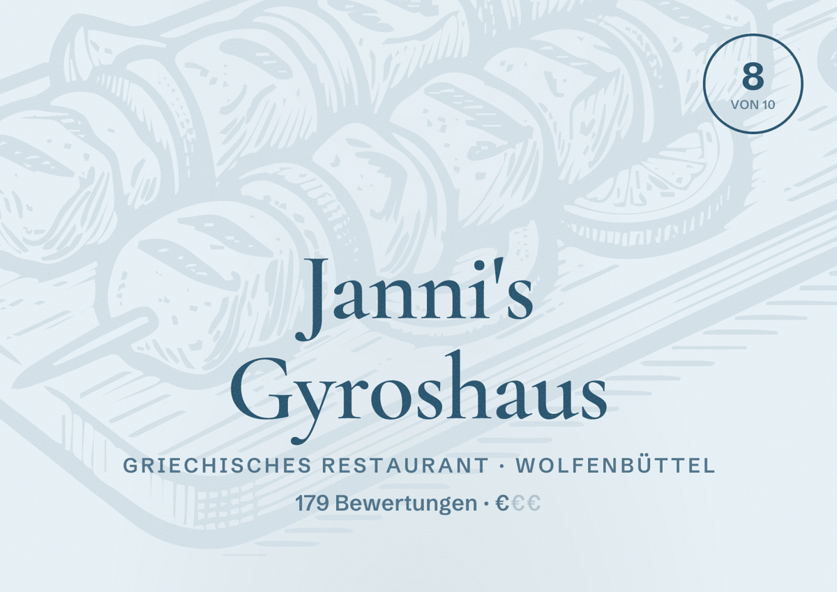Illustriertes Poster von Janni's Gyroshaus, Griechisches Restaurant in Wolfenbüttel: Bewertung 8 von 10 aus 179 Bewertungen, Preisniveau €