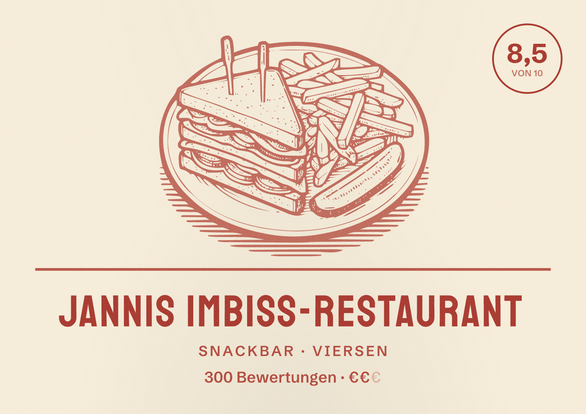 Illustriertes Poster von Jannis Imbiss-Restaurant, Snackbar in Viersen: Bewertung 8,5 von 10 aus 300 Bewertungen, Preisniveau €€