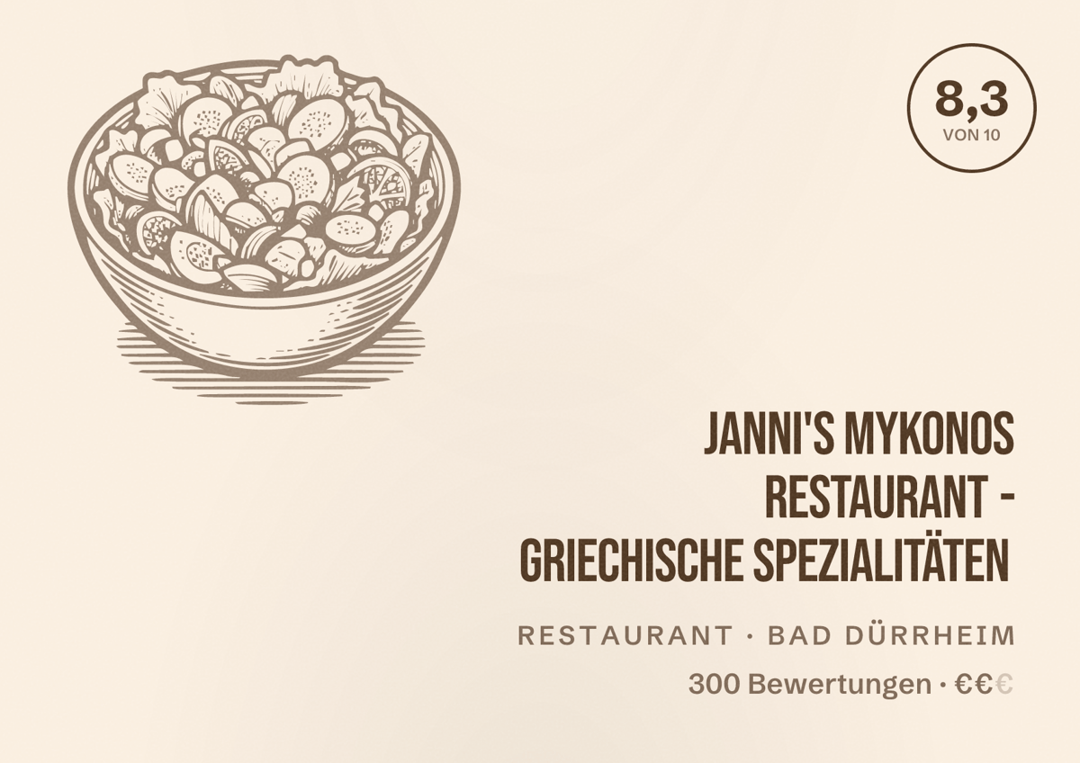 Illustriertes Poster von Janni's Mykonos Restaurant - griechische Spezialitäten, Restaurant in Bad Dürrheim: Bewertung 8,3 von 10 aus 300 Bewertungen, Preisniveau €€