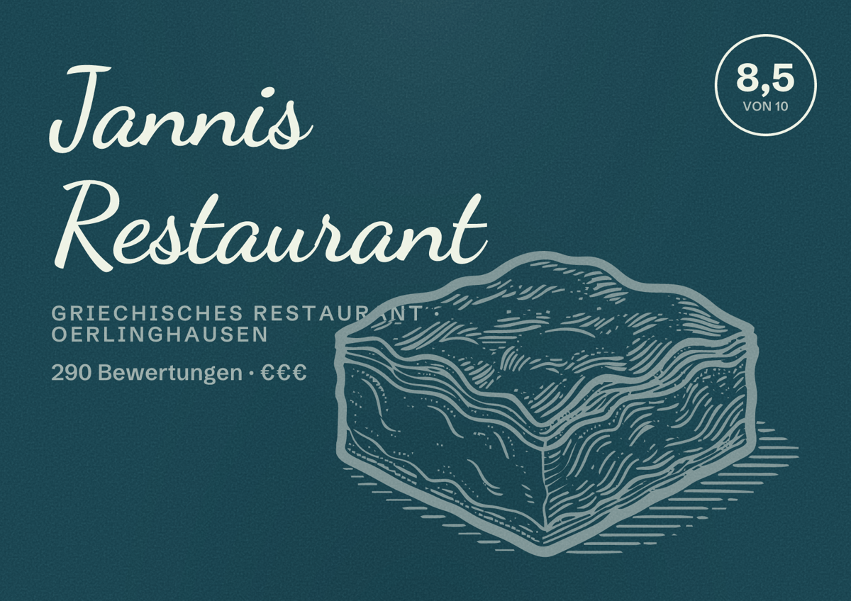 Illustriertes Poster von Jannis Restaurant, Griechisches Restaurant in Oerlinghausen: Bewertung 8,5 von 10 aus 290 Bewertungen, Preisniveau €€€
